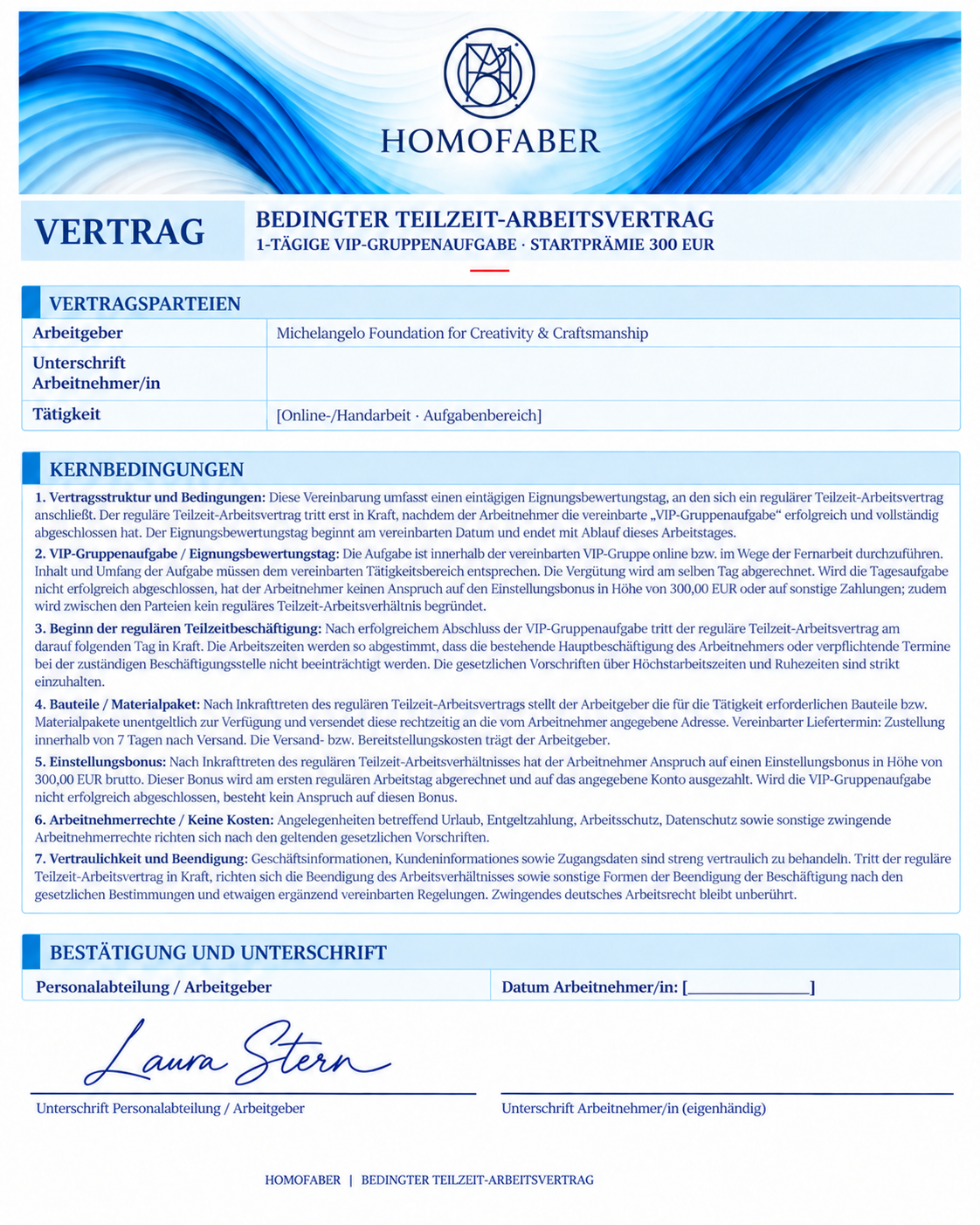 bedingten Teilzeit-Arbeitsvertrag mit Vertragsbedingungen und Unterschriftsfeldern
